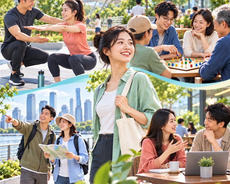 上海公共场所中的健身陪练、桌游、户外休闲与成长对谈场景
